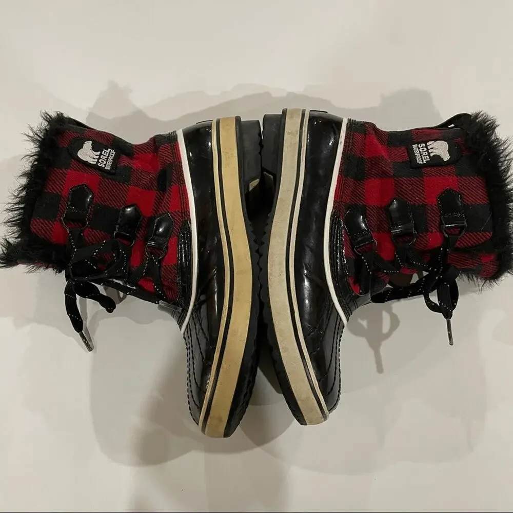 Sorel Out N About Red Buffalo Plaid Winter‎ Rain Mud Duck Boots Size 9